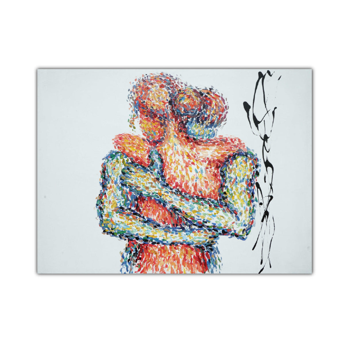 This image features an oil painting titled "Uncovered Temptation," which is a striking piece of abstract art depicting the theme of romance and physical intimacy. The artwork presents two figures in a passionate embrace, rendered in an abstract style using a palette of brown, white, and hints of other colors, creating a sense of movement and emotion.