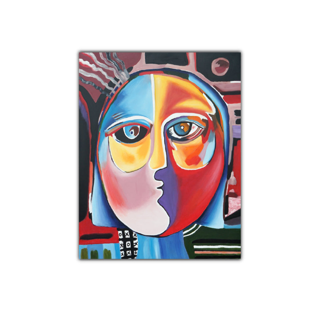 An abstract oil painting on canvas depicting a stylized, colorful face.