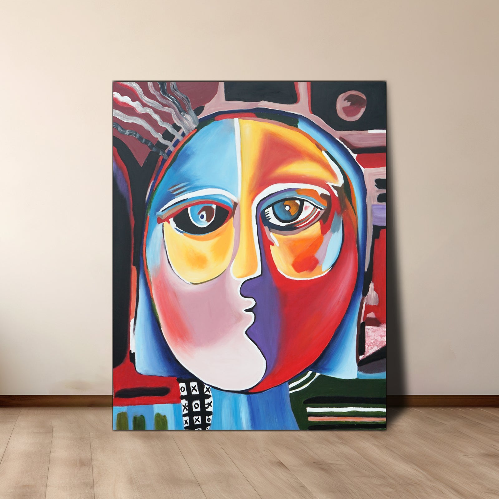 A vertically oriented oil painting on canvas featuring a stylized, abstract portrait with predominant colors red, blue, and brown, displayed against a plain background.