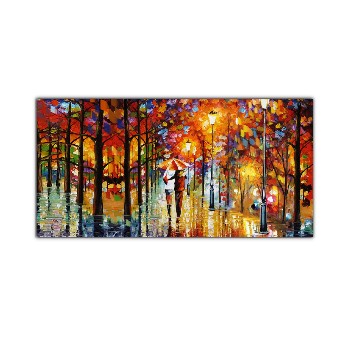 An extra large oil painting on canvas depicting two lovers walking under an umbrella in a colorful park at night.
