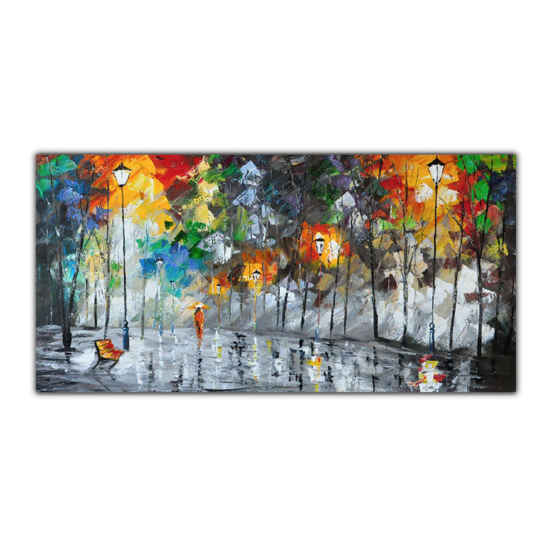 A vibrant oil painting on canvas depicting a colorful abstract representation of a city park at night with illuminated street lamps and a pathway.