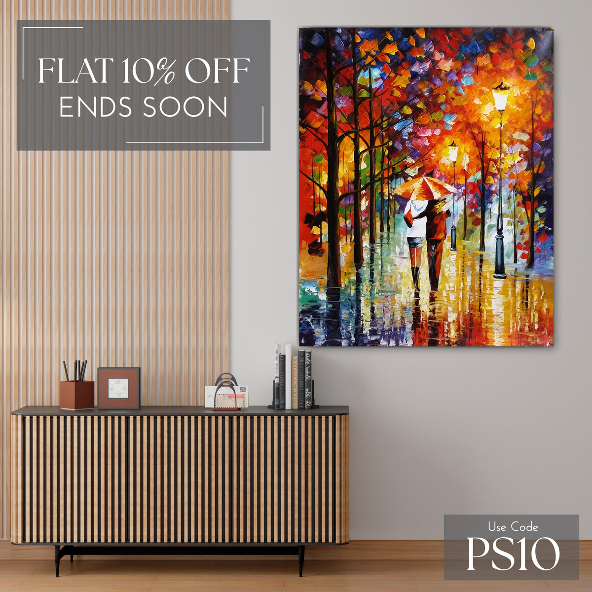 Colorful painting of a couple under an umbrella on a wall above a console table with promotional text overlay.