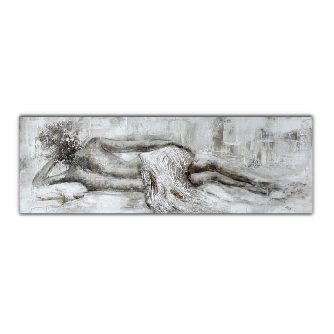 This image features an oil painting on canvas, portraying a sensual and abstract depiction of a woman's form. Rendered in monochrome tones, the artwork emphasizes the fluidity and grace of the human figure, evoking a sense of mystery and allure.