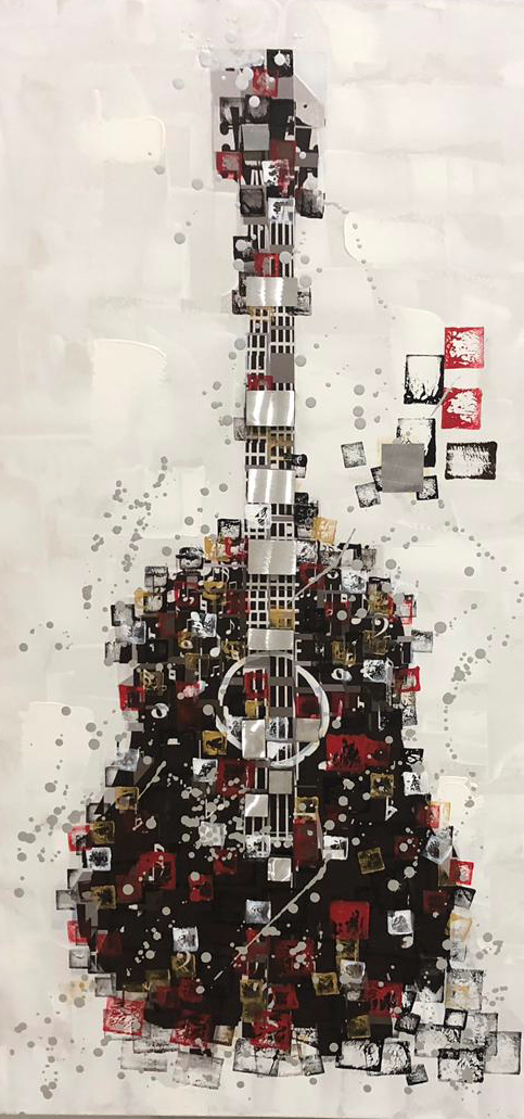 A hand-painted abstract mix media guitar painting on canvas, gallery wrap, with black, white, red, and brown colors, ready to hang.